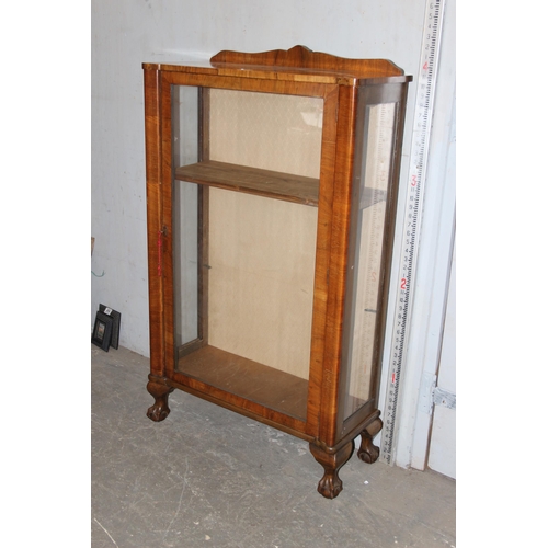 144 - Vintage glazed walnut display cabinet standing on ball & claw feet, approx 120cm tall