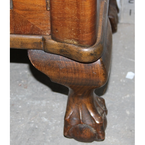 144 - Vintage glazed walnut display cabinet standing on ball & claw feet, approx 120cm tall