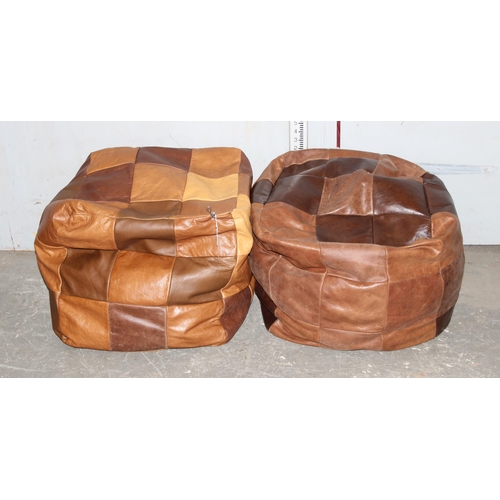 153 - A pair of retro vintage brown leather patchwork pouffes or footstools