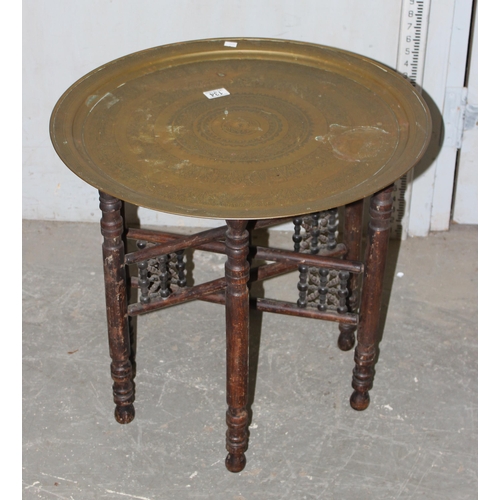 134 - Vintage Egyptian brass tray top Benares table depicting engraved and incised ancient Egyptian motifs... 