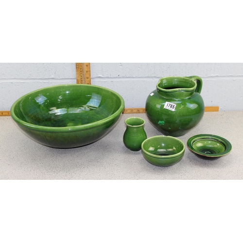 1785 - Four-piece 19c green iridescent glazed Brannam ware jug and large bowl set with embossed makers mark... 