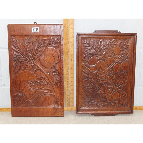 1786 - Arts & Crafts carved solid oak rectangular tray and a large wooden carved oak wall panel both depict... 