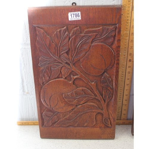 1786 - Arts & Crafts carved solid oak rectangular tray and a large wooden carved oak wall panel both depict... 