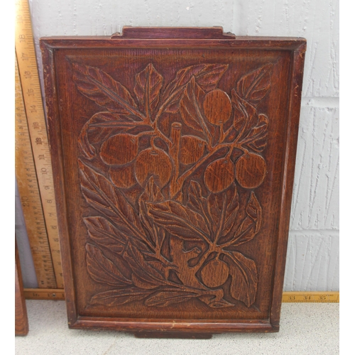 1786 - Arts & Crafts carved solid oak rectangular tray and a large wooden carved oak wall panel both depict... 