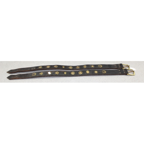 1789 - Pair of Victorian Irish horse straps with brass applied decorative studs including shamrocks, approx... 