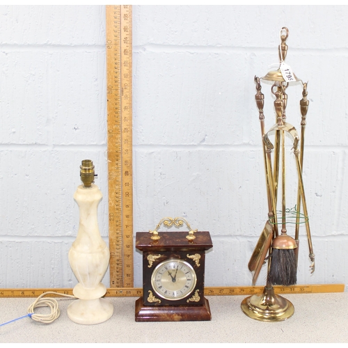 1798 - Turned alabaster lamp, brass companion set and an antique style brass clock (3)