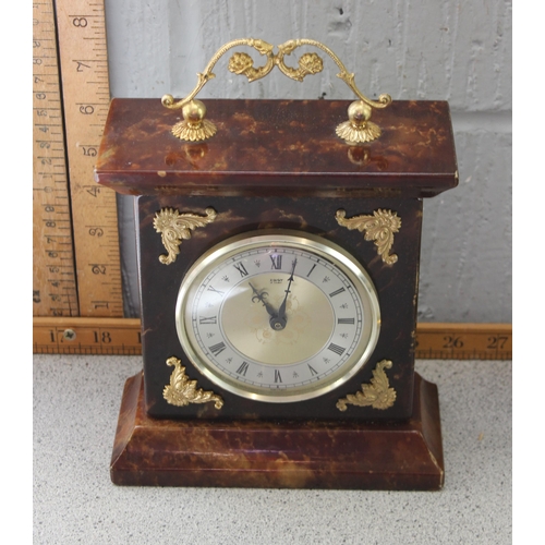 1798 - Turned alabaster lamp, brass companion set and an antique style brass clock (3)