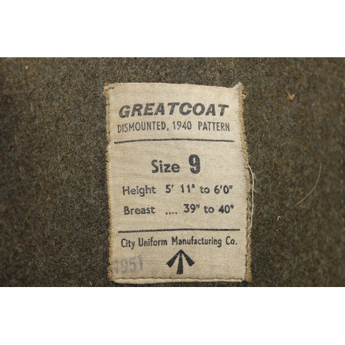 1024 - A 1940 pattern army great coat, 1951 dated, named to J. Keylock RASC