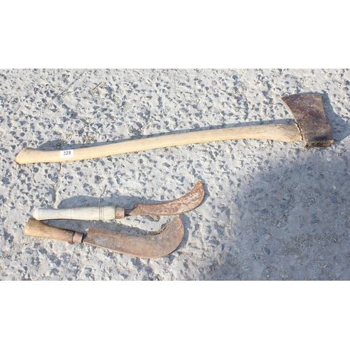 328 - Elwell 4 1/2 lb axe and 2 bill hooks, one of which is also Elwell