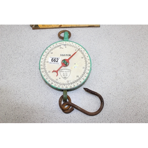 662 - Qty of wooden rulers, Salter hanging scales etc