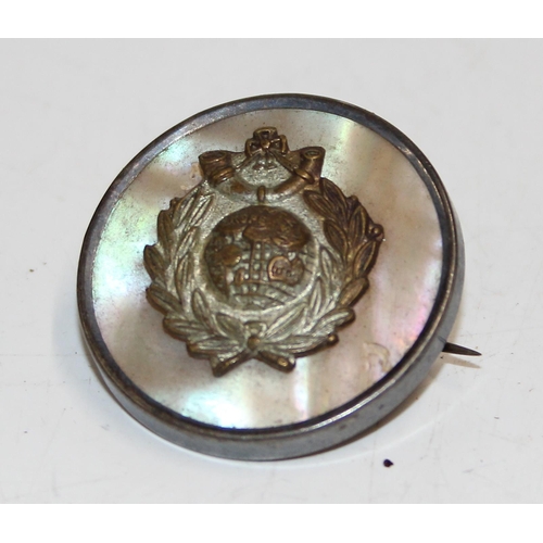 1014 - Qty of interesting military badges, sweetheart brooches, silver cased trench style watch, import mar... 