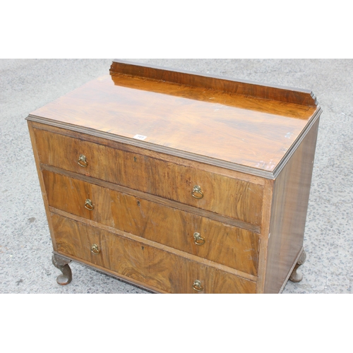 165 - Queen Anne style 3 drawer walnut veneered chest of drawers