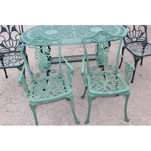 332 - A Coalbrookdale style aluminium garden table with 4 matched aluminium garden chairs