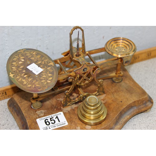 651 - A set of antique decorative brass and wooden letter scales with weights by Sampson Mordan