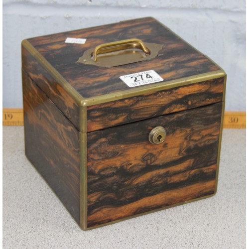 274 - An antique Coromandel box with brass fittings, approx 17cm cube