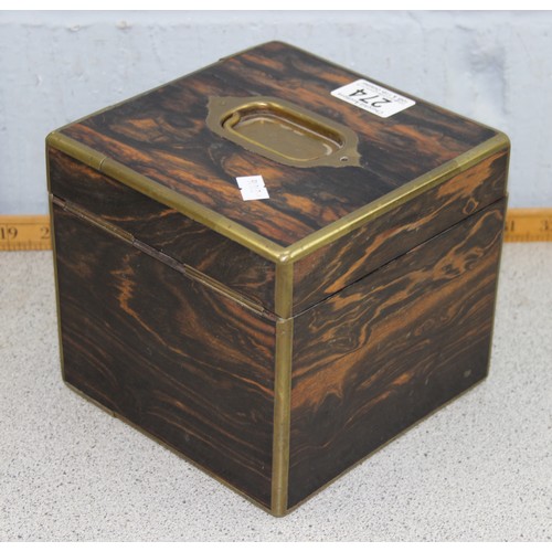 274 - An antique Coromandel box with brass fittings, approx 17cm cube