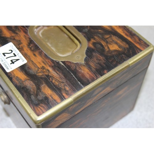 274 - An antique Coromandel box with brass fittings, approx 17cm cube