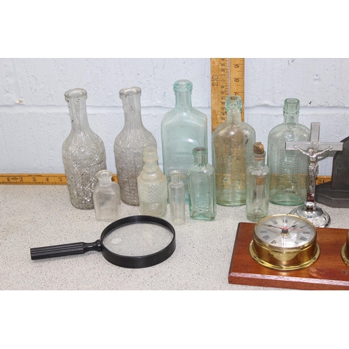 1858 - Qty of assorted antique and later bottles, Deco glass cased clock, etc etc