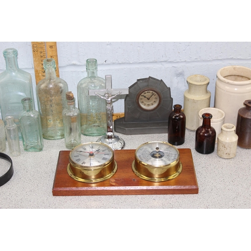 1858 - Qty of assorted antique and later bottles, Deco glass cased clock, etc etc