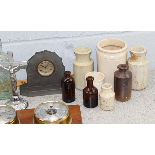 1858 - Qty of assorted antique and later bottles, Deco glass cased clock, etc etc