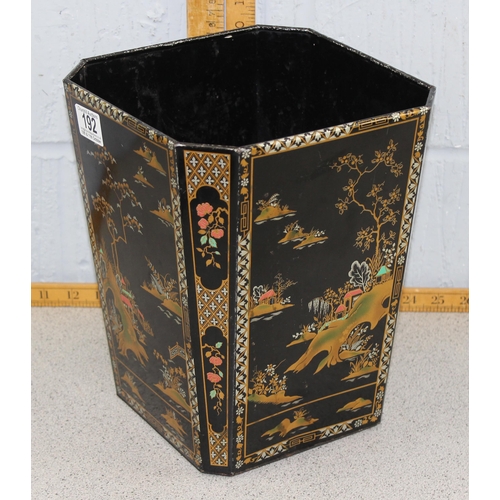 192 - A vintage Chinoiserie style Worcesterware painted tin waste paper basket