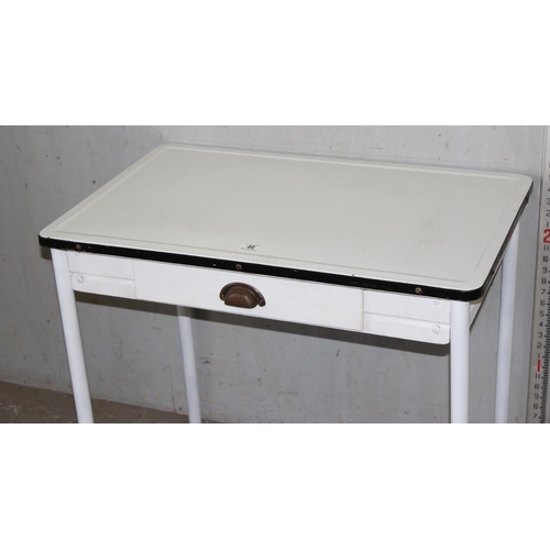 46 - A retro enamel topped kitchen or scullery work table with drawer, made by Jury, dated June 1951 unde... 