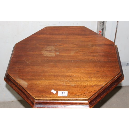 51 - An unusual antique octagonal table with removeable top and carved details on a tripod base