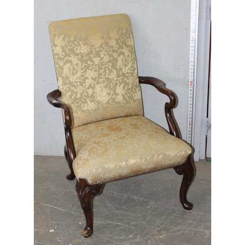 75 - A Georgian style Fauteuil armchair with gold coloured Chinese style upholstery