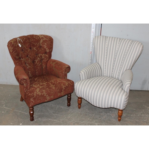 76 - 2 modern armchairs, one brown button back and the other a light grey