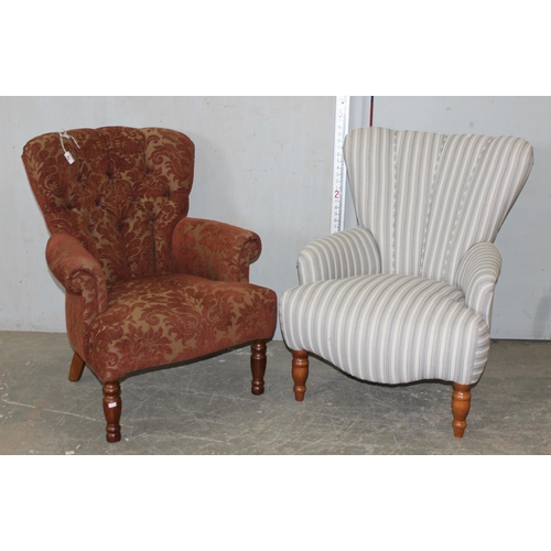 76 - 2 modern armchairs, one brown button back and the other a light grey