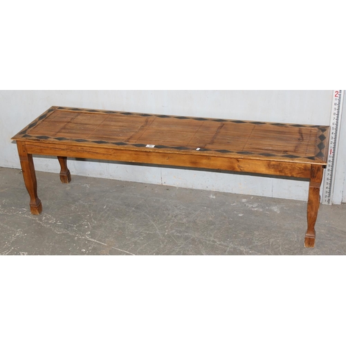 80 - A long slatted wooden window seat with geometric decoration, approx 150cm wide