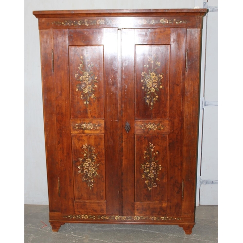 14 - An antique armoire or wardrobe hand painted with floral sprays, believed to be French late 19th cent... 