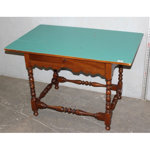 24 - A vintage side table with single drawer and green painted top by Stickley