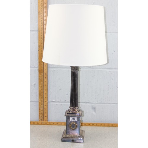 240 - A large vintage silver plated table lamp formed as a Corinthian column, with shade