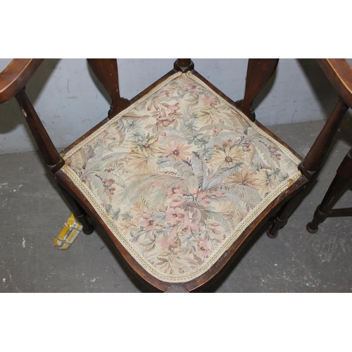 35 - A pair of antique inlaid corner chairs with floral fabric seats