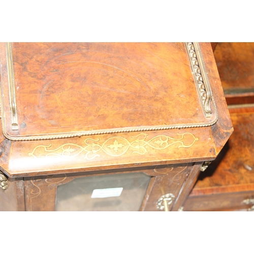 80 - An antique walnut inlaid desk top with 2 glazed cupboard doors