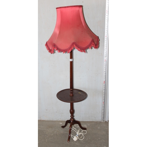 238 - Vintage wooden standard lamp with dumb waiter type table and shade