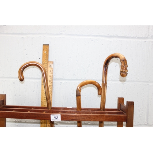 43 - Handmade wooden stick stand with 3 walking sticks