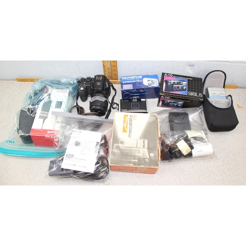 650 - 2 boxes of assorted cameras and accessories, mainly digital to inc Fujifilm S9500, Olympus Superzoom... 