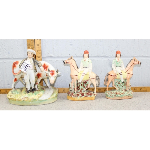 1657 - 3 antique Staffordshire type figures, 2 horse and jockey and a male with cow (3)