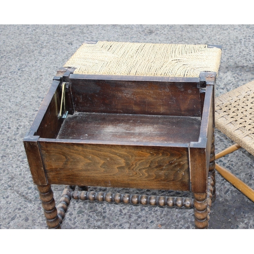 98 - An Arts & Crafts period rush seated piano stool and a similar rush topped foot stool (2)