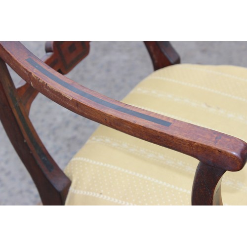 45A - A Georgian mahogany elbow chair with geometric ebony type inlay and an antique ebonised bentwood chi... 