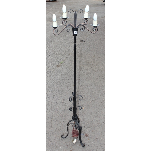 264A - A vintage wrought iron 4 branch standard lamp, Gothic style & 2 vintage lamps, one formed as a seate... 