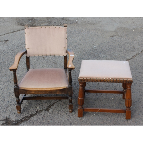 158 - A set of 4 retro chairs by Meredew, a vintage low oak armchair with matching stool with carved detai... 