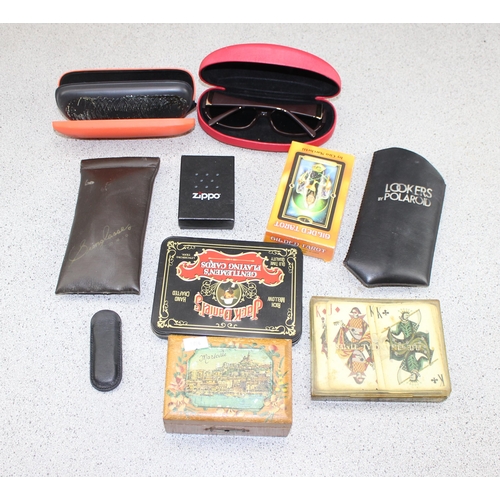 1660 - Vintage leather covered box of odds to inc Zippo lighter, wooden boxes, vintage glasses etc etc