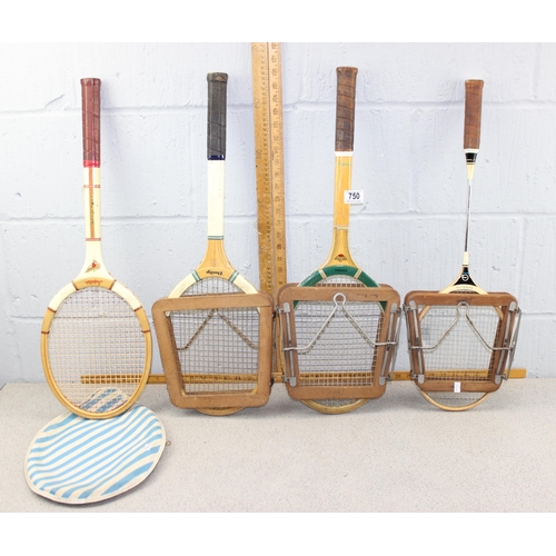 750 - 4 vintage tennis racquets, badminton etc etc