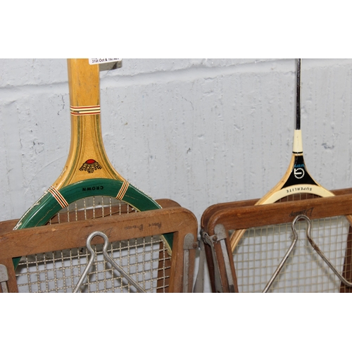 750 - 4 vintage tennis racquets, badminton etc etc