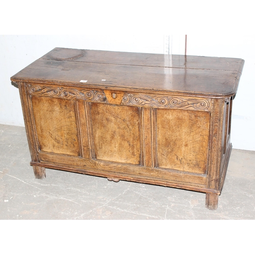 140 - Antique oak coffer with carved details and candle box to interior, 18th century or earlier, approx 1... 