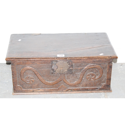 156 - 18th century oak bible box with carved details and iron fittings