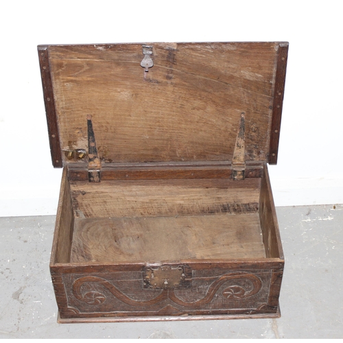 156 - 18th century oak bible box with carved details and iron fittings